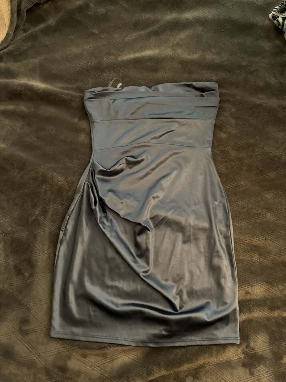 Windsor Strapless Ruched Satin Mini Dress in Chambrey Blue